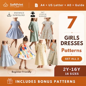 Può includere: Una collezione di cartamodelli digitali per sette abiti nelle taglie 2Y-16Y, con immagini di bambine che indossano vari stili, inclusi motivi a quadretti, tinta unita e fantasie. Il testo include SoftPrint Lab, 7 Girls Dresses Patterns e Beginner Friendly.