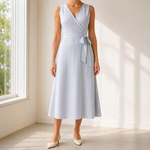 May include: A sleeveless midi dress featuring a light blue and white vertical striped pattern. The dress has a V-neckline, a wrap-style bodice, and a matching fabric tie belt at the waist. The skirt falls to a mid-calf length with a flared silhouette.