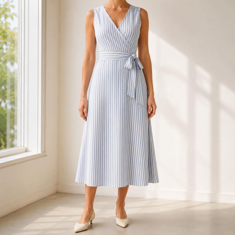 May include: A sleeveless midi dress featuring a light blue and white vertical striped pattern. The dress has a V-neckline, a wrap-style bodice, and a matching fabric tie belt at the waist. The skirt falls to a mid-calf length with a flared silhouette.