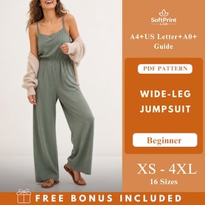 May include: A woman wearing a sage green wide-leg jumpsuit. The image includes text that reads "SoftPrint LAB", "WIDE-LEG JUMPSUIT", "Beginner", "XS - 4XL", and "FREE BONUS INCLUDED". The jumpsuit has thin straps and a cinched waist.