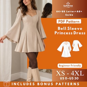 May include: A beige bell sleeve princess dress with a sweetheart neckline and flared skirt. The image includes text: SoftPrint LAB, A4+US Letter+A0+ Guide, PDF Pattern, Bell Sleeve Princess Dress, Beginner Friendly, XS-4XL, US 0-US 30.