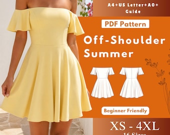 Patrón de costura en PDF para vestido con hombros descubiertos, descarga digital de vestido circular de verano