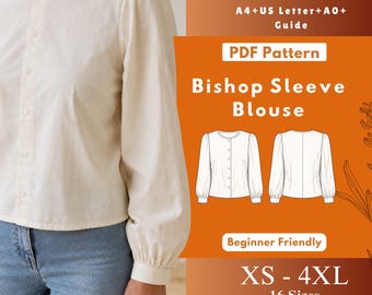 Molde em PDF para blusa com mangas bufantes, blusa com gola redonda e botões para download digital.