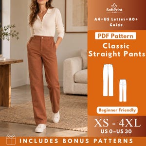May include: A digital PDF sewing pattern for classic straight pants by SoftPrint Lab. The guide includes A4, US Letter, and A0 formats for sizes XS to 4XL, corresponding to US sizes 0 to 30. The pattern is beginner friendly and includes bonus patterns.