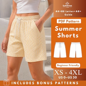Può includere: Pantaloncini a quadretti vichy gialli e bianchi con elastico in vita e coulisse bianca. Il testo sull'immagine recita: SoftPrint LAB, A4+US Letter+A0+Guide, PDF Pattern, Summer Shorts, Beginner Friendly, XS-4XL, US 0-US 30, INCLUDES BONUS PATTERNS.