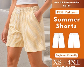Cartamodello PDF per pantaloncini Bermuda, pantaloncini con elastico in vita e coulisse, con tasche laterali, taglie da donna XS a 4XL.