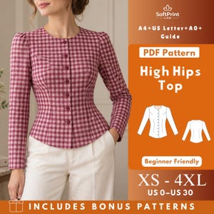 May include: A long-sleeved top with a red and white gingham pattern, featuring a round neckline and a front button closure. The text reads SoftPrint LAB, A4+US Letter+A0+Guide, PDF Pattern, High Hips Top, Beginner Friendly, XS-4XL, US 0-US 30.