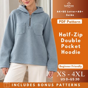 Half Zip Double Pocket Hoodie Sewing Pattern PDF Womens Oversized Raglan Sweatshirt with Lined Hood, Two Chest Pockets, Long Sleeves, XS-4XL