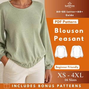 May include: A light green long-sleeved blouse with a round neckline and elastic waist. The image includes the text "Blouson Peasant" and "XS - 4XL". The blouse is part of a PDF pattern, beginner-friendly, and includes bonus patterns.