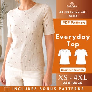 Peut inclure: Un haut beige à manches courtes et texture côtelée avec un petit motif floral. L'image contient le texte : SoftPrint LAB, A4+US Letter+A0+ Guide, PDF Pattern, Everyday Top, Beginner Friendly, XS - 4XL, US 0-US 30, et INCLUDES BONUS PATTERNS.