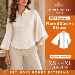Może przedstawiać: Kremowa bluzka zapinana na guziki z szerokimi, rozszerzanymi rękawami. Obraz zawiera tekst: SoftPrint LAB, A4+US Letter+A0+ Guide, PDF Pattern Flared Sleeve Blouse, Beginner Friendly, XS - 4XL, US 0-US 30, oraz INCLUDES BONUS PATTERNS.