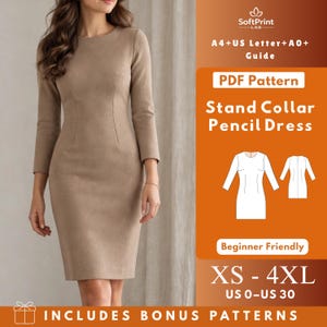 Stand Collar Pencil Dress PDF Pattern, Women's Fitted Knee Length Woven Dress with Bracelet Sleeves, Darts and Invisible Back Zipper, XS–4XL