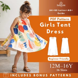 Puede incluir: Una niña con un vestido tipo tienda de campaña colorido con un patrón abstracto vibrante. El vestido es sin mangas y tiene bolsillos. La imagen incluye el texto "Girls Tent Dress" y "Beginner Friendly".