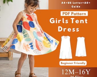 Girls Tent Dress Sewing Pattern PDF, Kids Sleeveless A-Line Dress with Pockets, Above Knee Woven Dress Pattern, 2Y–16Y