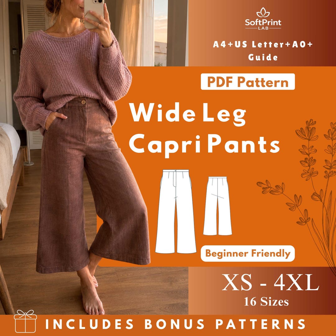 Wide Leg Capri Pants Sewing Pattern PDF, Cropped Woven Trousers, in ...