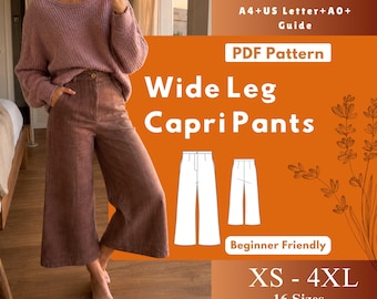 Wide Leg Capri Pants Sewing Pattern PDF, Cropped Woven Trousers, In Seam Pocket Digital Download