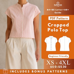 Cropped Polo Top Sewing Pattern PDF, Women’s Button Front Woven Shirt XS-4XL US 0-30