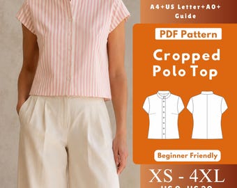 Cropped Polo Top Sewing Pattern PDF, Women’s Button Front Woven Shirt XS-4XL US 0-30