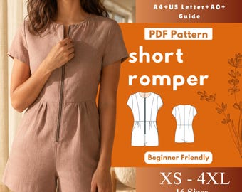 women’s romper sewing pattern pdf, woven short jumpsuit, front zipper playsuit, round neck romper