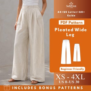 May include: A PDF sewing pattern for pleated wide-leg trousers, featuring a beige pair of pants with a high waist and front pleats. The graphic includes the text SoftPrint LAB, A4+US Letter+A0+ Guide, PDF Pattern, Pleated Wide Leg, Beginner Friendly, XS-4XL, US 0-US 30, and INCLUDES BONUS PATTERNS.