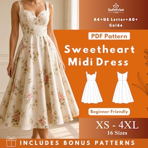 May include: A cream-colored midi dress with a sweetheart neckline and floral pattern. The dress features a fitted bodice and a flared skirt. The image includes the text "Sweetheart Midi Dress", "Beginner Friendly", and size options from XS to 4XL.