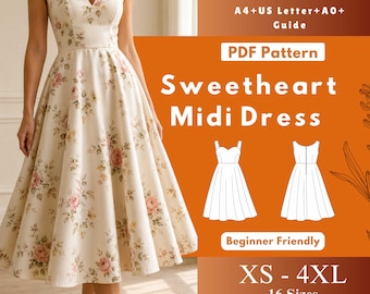 Sweetheart Midi Dress Sewing Pattern PDF, Full Circle Skirt Digital Download