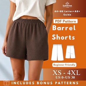 May include: A digital sewing pattern for barrel shorts featuring a white t-shirt and brown textured shorts. The graphic includes the text SoftPrint LAB, A4+US Letter+A0+Guide, PDF Pattern Barrel Shorts, Beginner Friendly, XS-4XL, US 0-US 30.