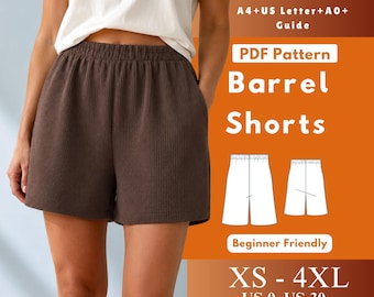 Patrón de costura PDF para shorts tipo barril, shorts de punto con cintura elástica para mujer, patrón de pantalones bermudas holgados sin cierre, tallas US 0–US 30
