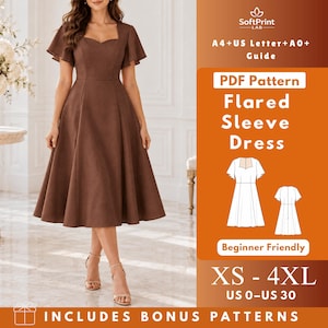 Puede incluir: Un vestido midi marrón con mangas acampanadas y escote corazón. El listado del producto digital incluye el texto: SoftPrint LAB, A4+US Letter+A0+Guide, PDF Pattern Flared Sleeve Dress, Beginner Friendly, XS-4XL, US 0-US 30, INCLUDES BONUS PATTERNS.