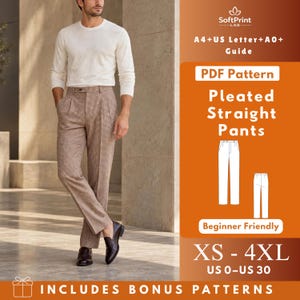 May include: A PDF sewing pattern for pleated straight pants, featuring sizes XS to 4XL and US 0 to US 30. The graphic includes the text SoftPrint LAB, A4+US Letter+A0+Guide, PDF Pattern, Pleated Straight Pants, and Beginner Friendly.