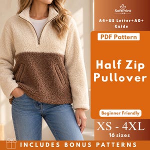 Naaipatroon PDF voor een sweatshirt met halve rits, damespullover met opstaande kraag en schuine zakken, maten XS-4XL