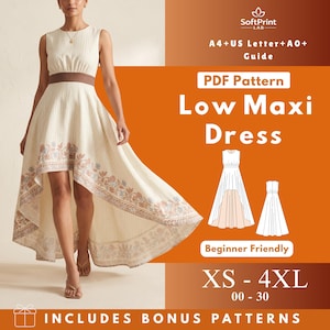 Może przedstawiać: Kremowa sukienka maxi z wysokim i niskim dołem, brązowym pasem i kwiatowymi wykończeniami. Bezrękawnik ma pionowe paski. Obraz zawiera tekst "Low Maxi Dress" i "XS - 4XL".