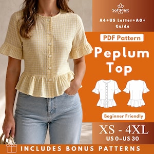 May include: A yellow and white gingham peplum top with short ruffled sleeves and a front button closure. The graphic overlay includes the text SoftPrint LAB, PDF Pattern Peplum Top, Beginner Friendly, XS-4XL, US 0-US 30, and A4+US Letter+A0+Guide.
