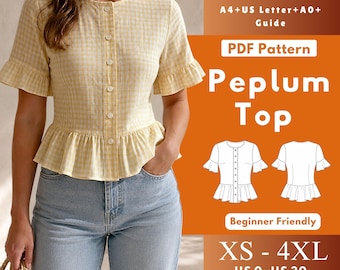 Patrón de costura en PDF para blusa peplum con volantes y botones delanteros, blusa tejida con mangas con volantes, tallas XS-4XL.