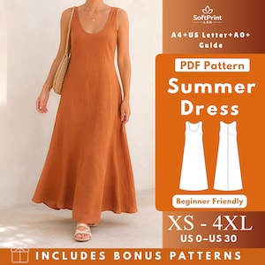 May include: A sleeveless, floor-length rust-coloured dress with a scoop neckline. The image includes text: SoftPrint LAB, A4+US Letter+A0+ Guide, PDF Pattern Summer Dress, Beginner Friendly, XS - 4XL, US 0-US 30, INCLUDES BONUS PATTERNS.