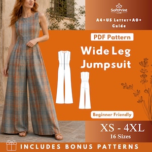 May include: A sleeveless, wide-leg jumpsuit in a plaid pattern of grey, orange, and blue. The image includes a PDF pattern graphic with the text "Wide Leg Jumpsuit", "Beginner Friendly", and size range "XS - 4XL".