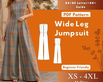 Wide Leg Jumpsuit Sewing Pattern PDF, Sleeveless Floor Length Romper, Front Zipper Fitted Bodice Digital Download