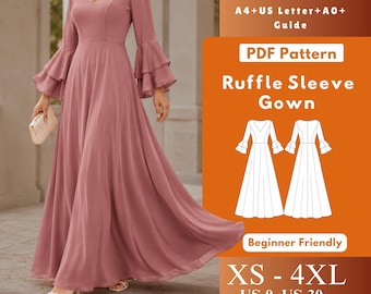 V Neck Ruffle Sleeve Gown Sewing Pattern PDF, Women’s Floor Length Princess Bodice Dress XS-4XL US 0-30
