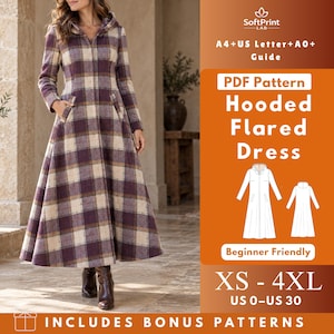 May include: A PDF sewing pattern for a hooded flared dress by SoftPrint LAB. The design features a long-sleeved, floor-length dress with a plaid pattern in shades of purple, beige, and brown. Includes sizes XS-4XL and US 0-US 30.