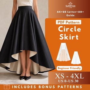 May include: A black high-low circle skirt with a cream-colored lining. The image includes text: SoftPrint LAB, A4+US Letter+A0+Guide, PDF Pattern Circle Skirt, Beginner Friendly, XS-4XL, US 0-US 30, and INCLUDES BONUS PATTERNS with a gift icon.