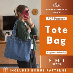 May include: A blue denim tote bag with two shoulder straps. The image includes text: SoftPrint LAB, A4+US Letter+A0+Guide, PDF Pattern, Tote Bag, Beginner Friendly, S-M-L SIZES, INCLUDES BONUS PATTERNS. The bag is shown in a rectangular format.