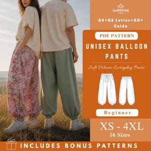 May include: Image of two people wearing balloon pants. One person is wearing pink floral pants, and the other is wearing green pants. The image also includes a graphic with the text "UNISEX BALLOON PANTS" and "XS - 4XL".