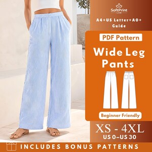 May include: A digital PDF sewing pattern for wide leg pants featuring blue and white vertical stripes. The graphic includes the text SoftPrint LAB, A4+US Letter+A0+ Guide, PDF Pattern, Wide Leg Pants, Beginner Friendly, XS-4XL, US 0-US 30.