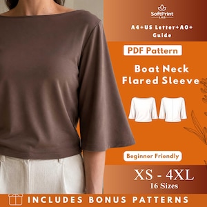 Pode incluir: Uma blusa marrom com decote em barco e mangas flare. A imagem inclui o texto "PDF Pattern", "Boat Neck Flared Sleeves", "Beginner Friendly" e "XS - 4XL". A blusa é mostrada em uma pessoa usando calças creme.