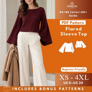 May include: A burgundy long-sleeve top with flared sleeves paired with cream-colored trousers. The image includes text: SoftPrint LAB, A4+US Letter+A0+ Guide, PDF Pattern Flared Sleeve Top, Beginner Friendly, XS - 4XL, US 0-US 30.