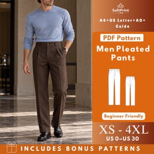 Könnte beinhalten: Ein digitales PDF-Schnittmuster für eine Bundfaltenhose, mit einem hellblauen Langarmshirt und einer braunen Hose. Die orangefarbene Grafik enthält den Text SoftPrint LAB, A4+US Letter+A0+Guide, PDF Pattern, Men Pleated Pants, Beginner Friendly, XS-4XL, US 0-US 30, und INCLUDES BONUS PATTERNS.