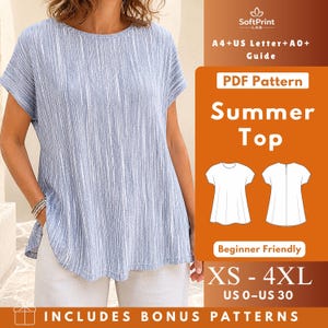 PDF-sömnadsmönster för avslappnad tunika, stickad Dolman-topp med fladdermusmönster och A-linjeform, rund halsringning och dragkedja bak, Dam XS-4XL