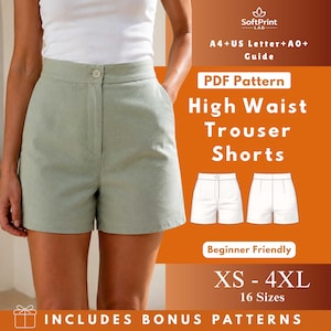 Op de afbeelding: Lichtgroene high-waisted broekshorts met een knoopsluiting en zakken. De afbeelding bevat de tekst "PDF Pattern High Waist Trouser Shorts" en "XS - 4XL 16 Sizes". Het patroon is beginnersvriendelijk en bevat bonuspatronen.