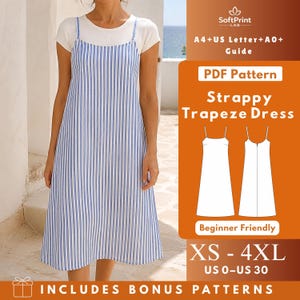 May include: A blue and white vertical striped strappy trapeze dress worn over a white t-shirt. The image includes text: SoftPrint LAB, A4+US Letter+A0+ Guide, PDF Pattern, Strappy Trapeze Dress, Beginner Friendly, XS-4XL, US 0-US 30, INCLUDES BONUS PATTERNS.