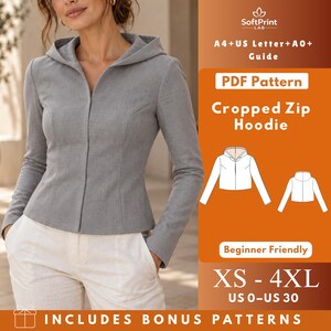 May include: A gray long-sleeve cropped zip hoodie with a hood and a fitted silhouette. The image includes text: SoftPrint LAB, A4+US Letter+A0+ Guide, PDF Pattern, Cropped Zip Hoodie, Beginner Friendly, XS - 4XL, US 0-US 30, INCLUDES BONUS PATTERNS.